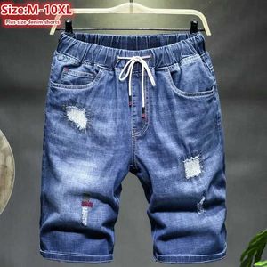 Mäns shorts herrar rivna denim shorts 150 kg plus storlek 10xl 9xl 8xl 7xl svart hål täta jeans lösa elastiska sommarbyxor J240219