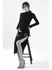 Dresses Women Pregnancy Photography Props Maternity Dresses Black Full Sleeve Knit Black Slim Dress Studio Photoshoot Clothes