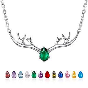 Pendants U7 925 Sterling Silver Deer Necklace with Birthstone Antler Horns Water Drop CZ Crystal 12 Months Pendant Birthday Gift for Her