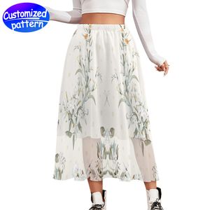 Women's custom double chiffon long dress high waist high clear heat transfer pattern spring and autumn fashion everything comfortable durable Chiffon 313g white