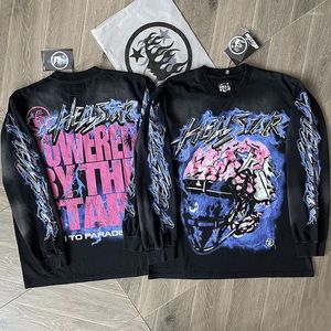 Herrar t skjortor vintage high street stjärna bokstav t-shirt rolig huvud långärmad toppar crack do gamla tvätt bomull tees hip hop style män kvinnor