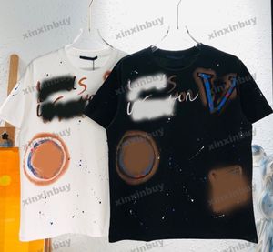 xinxinbuy Men designer Tee t shirt Hand drawn inkjet printing short sleeve cotton women Black white blue gray S-XL