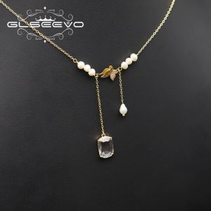 ネックレスGlseevo Shining Butterfly Pearl Long Chain Double Pendant Necklace Women Luxe Personality AccessoriesウェディングパーティーギフトGN0413