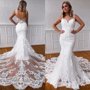 Mermaid Gorgeous Lace Wedding Dresses Bride Gown Spaghetti Straps Applique Sweep Train Covered Buttons Custom Made Plus Size Vestido De