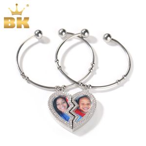 Bangles THE BLING KING Stainless Steel Cuff Bangle DIY Broken Heart Magnetic Photo Pendant Two Pictures Iced Out CZ Family Lover's Gift