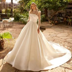 Graceful Lace Neck A Line Wedding Dresses Long Sleeve Ruched Satin Wedding Gown Court Train Church Bridal Dress