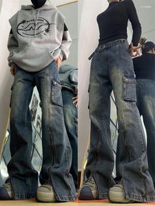 Kvinnors jeans kvinnors punk mode streetwear dragkedjor fickor y2k byxa hög midja lösa breda ben kvinnor 2024 vår hajuku grunge