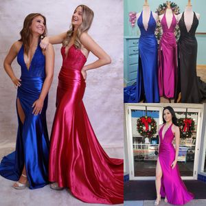 Halter Fitted Prom Queen Dress 2k24 Deep V-Neck Lace Bodice Long Preteen Pageant Winter Formal Evening Cocktail Party Runway Black-Tie Gala High Slit Fuchsia Royal