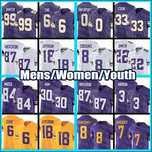 T.J. Hockenson futbol formaları 18 Justin Jefferson Randy Moss Addison Alan Page Minnesotas Vikings Kirk Cousins ​​Harrison Smith Lewis Cine Marcus Davenport C01