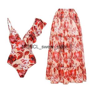 Damenbadebekleidung 2023 Einteiliger Badeanzug Frauen Vertuschung mit Rock Kimono Volant Chiffon Rückenfreies Kleid Beachwear Weiblicher BadeanzugH24220