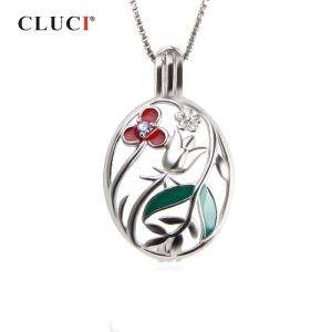 Wisiorki Cluci 925 Sterling Silver Cage Pendant Piękny kwiat owalny wisiorek Kobiety z kamieniem cyrkonu wisiorek