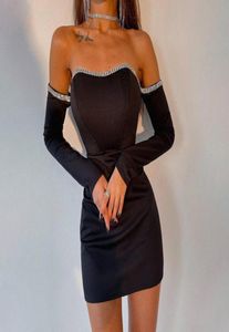 Casual Dresses Balck Bodycon Dress Elegant Crystal Chain Off Shoulder Party 2022 Autumn Women Gloves Sleeve Sexy Mini Christmas5360582