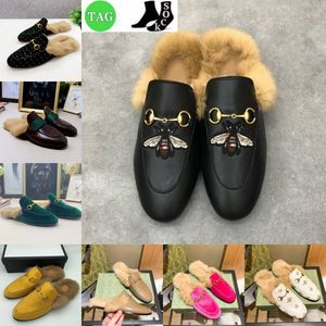 princetown loafers Fur Slippers black pink white flats leather velvet Half Slipper bee tiger Slides Autumn Winter Warm Classic Metal Buckle Embroidery 14iZ#