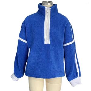 Damen-Kapuzenpullover, warmes Oberteil, gemütliches Farbblock-Reißverschluss-Sweatshirt für Frauen, dicker Plüsch, hoher Kragen, Pullover mit Taschen, Winter, mittellang