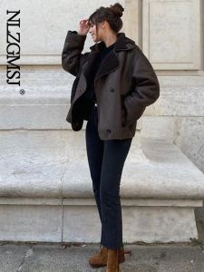 Camera Nlzgmsj Traf Office Lady Brown Women Turndown Collar Slanted Placket Short Fur Coat 2023 Winter New Windproof Thick Warm Fur