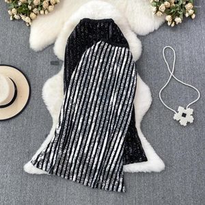 Skirts American Chic Party For Women Sequin Striped High Waist Female Trumpet Skirt Streetwear Sexy Club Long Drop