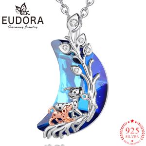 Necklaces Eudora 925 Sterling Silver Spotty Dogs Necklace Blue Crystal Moon Pendant Fine Jewelry Women's Wedding Party Favor