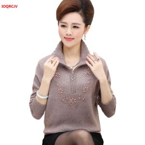 Jewelry Large Size Middleaged Women's Pullover Sweaters Autumn Longsleeved Lapel Zipper Knitting Tops Casual Wool Sweater Coat W1786