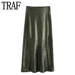 Spódnice Traf midi cekin spódnica kobiety zielony brokat wysoki talia Kobieta elegancka dla mody 2024 vintage
