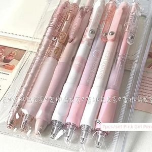 7st Pink Color Series Gel Pen Lovely American Style Fashion Stationery 0,5 mm svart bläckklippsbok Studentförsörjning