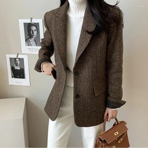 Women's Suits Gray Wool Blazer Women Autumn Winter Single-Breasted Pockets Office Wear Notched Collar Thick Blazers Elegant Lady Jacket D60