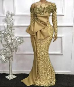 Nya eleganta afrikanska kvällsklänningar långa ärmar paljett sjöjungfru formell klänning aso ebi guld pärlstav prom klänningar mantel de soiree