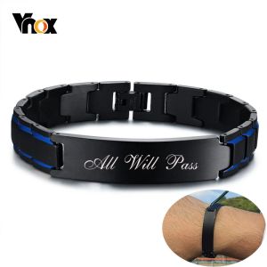 Bracelets Vnox Men Personalized Custom Engrave ID Bracelets Black and Blue Color Stainless Steel Link Chain 8.46"