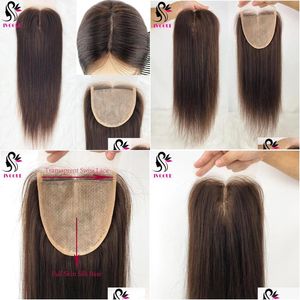 Perucas de renda marrom escuro cabelo humano fechamento base de seda 5x5 sile top topper remy pré-arrancado para mulheres cor 4 240130 produto de entrega de gota ot7ib