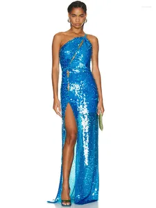 Casual Dresses Women Luxury Sexy Blue Mesh One Shoulder Sequin Cut Out Maxi Long Gowns Dress Elegant Celebrity Evening Party Club