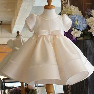 Girl Dresses Kids Birthday Party Vestidos O-neck Puff Sleeve Simple Solid Robe Pleated Flower Girls Dress Bow Princess