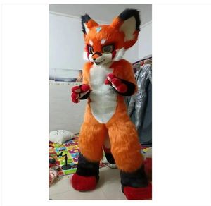 Fantasia de mascote de pele longa Husky Dog Fox Fursuit Terno de Halloween com máscara para festa adulta Vestido de Halloween