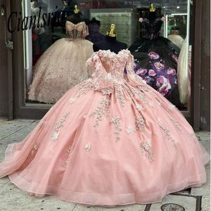 Różowe sukienki Quinceanera z wolnostojącymi rękawami koronkowe aplikacje formalne przyjęcie urodzinowe suknia balowa vestidos de 15 anos corset