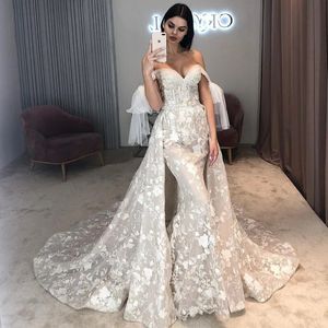 Gorgeous Mermaid Floral Lace Appliques Wedding Dresses with Detachable Train Off the Shoulder Castle Wedding Gowns