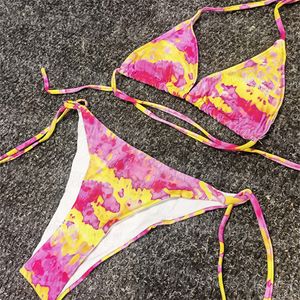 Halter feminino praia sutiã briefs conjunto de luxo sexy biquinis conjunto designer marca tie dye split bikini maiô