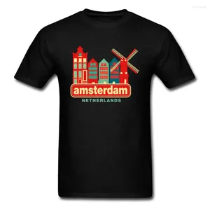 メンズTシャツ最新ビンテージアムステルダムオランダシティプリントシャツ最高品質のカジュアルトップTシャツ風車都市男性Tシャツ