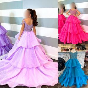 Hot Pink Girl Pageant Dress 2024 Ballgown Beading Organza Straps Neck Little Kid Birthday Formal Party Gown Toddler Teens Preteen Sugar Blue Lilac Ruffle Layer Skirt