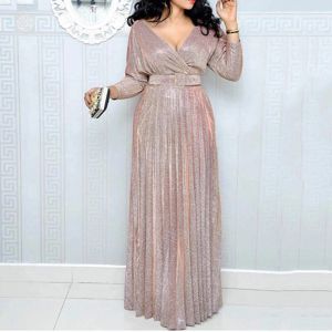 Dress Elegant Party Dresses For Women Low Cut Sequined Gown Dress With Belt Nine Point Sleeve Ruffle Hem Flowy Long Dress Plus Size