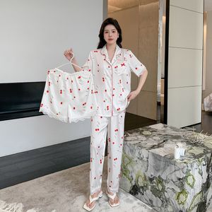 Wiosenna nowa piżama dla kobiet z jedwabiu lodowy trzyczęściowy zestaw brzoskwini Blossom Cherry Home Fury miękki i wygodny