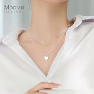 Hängen Modian Simple Design Pärlor Bollmynt 925 Sterling Silver Pendant For Women Girl Double Layer Basic Chain Necklace Fine Jewelry