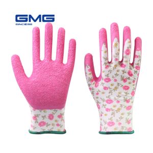 ウェブカメラ女性手袋gmg印刷ポリエステルシェルピンクラテックスクリンクルコーティング作業安全手袋整形庭園