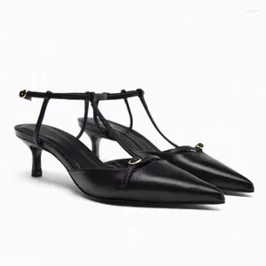 Dress Shoes Womens Black Leather High Heels Chic Pointed T-shaped Ankle Buckle Strap Sexy Open Heel Sandals 41 Size Special Price