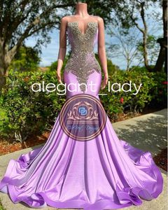Vestidos de gala de sereia roxo lavanda para mulheres, vestido de festa de baile africano com cristal brilhante, 2024