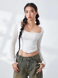 Mulheres camisetas Mulheres Sexy Sweetheart Neck Camisa Queimado Manga Longa Front Bowknot Lace Floral Sheer Crop Tops Outerwear