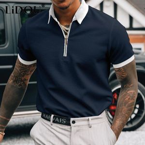 Summer Solid Color Casual Mens Polo Shirt Short Sleeved Loose Business T-Shirt Mens Zipper Fullt Matched Mens Fashionable Clothing 240221