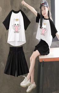 Conjunto de camisa de manga curta infantil para meninas tecido 100 algodão estampado gatos adoráveis muitos lazer estilo simples faixa etária 110170 cm cor co7957358