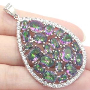 Hängen 56x34mm Delicate Fine Cut 11.5G Big Gemstone Fire Rainbow Mystic Topaz Pink Raspberry Rhodolite Garnet White Cz Silver Pendant