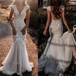 Elegante abito da sposa a sirena in pizzo Abiti da sposa con applicazioni floreali 3D Abiti da sposa senza schienale su misura Senza maniche Vestido de novia