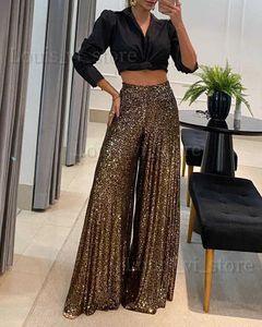 Women's Pants Capris High Waist Sequin Flared Wide Leg Pants All-Match New Fashion Yk2 Womens Clothing Long Pants Women Trousers Streetwear T240221