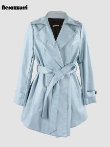 Jackor Nerazzurri Autumn Asymmetrical Light Blue Soft Pu Leather Jackets For Women Sashes Luxury Elegant Chic High Quality Clothes 2023