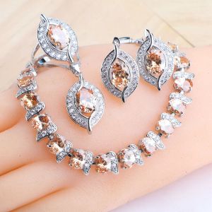 Set di gioielli in argento sterling 925, orecchini in pietra da sposa per le donne, anelli di nozze, collane con ciondolo, set di gioielli con goccia di champagne CZ